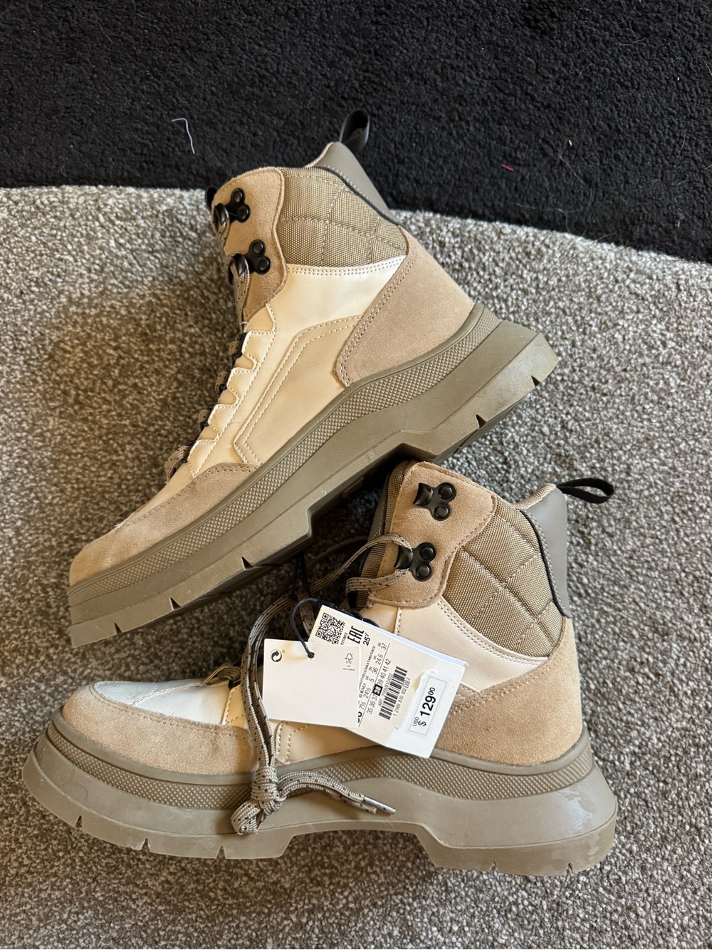 Zara Beige & Tan Quilted Platform Hiking Boots